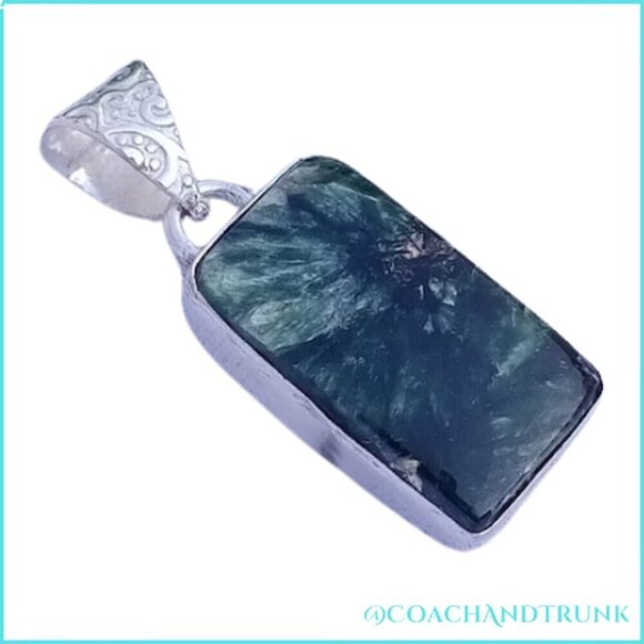 ARTISAN SERAPHINITE NECKLACE ORNATE ETCHED BAIL INCLUDES CHAIN - Picture 3 of 6